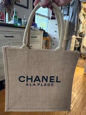 CHANEL VIP/COMPLIMENTARY Natural Beige Jute Tote Bag with Black Logo Accents